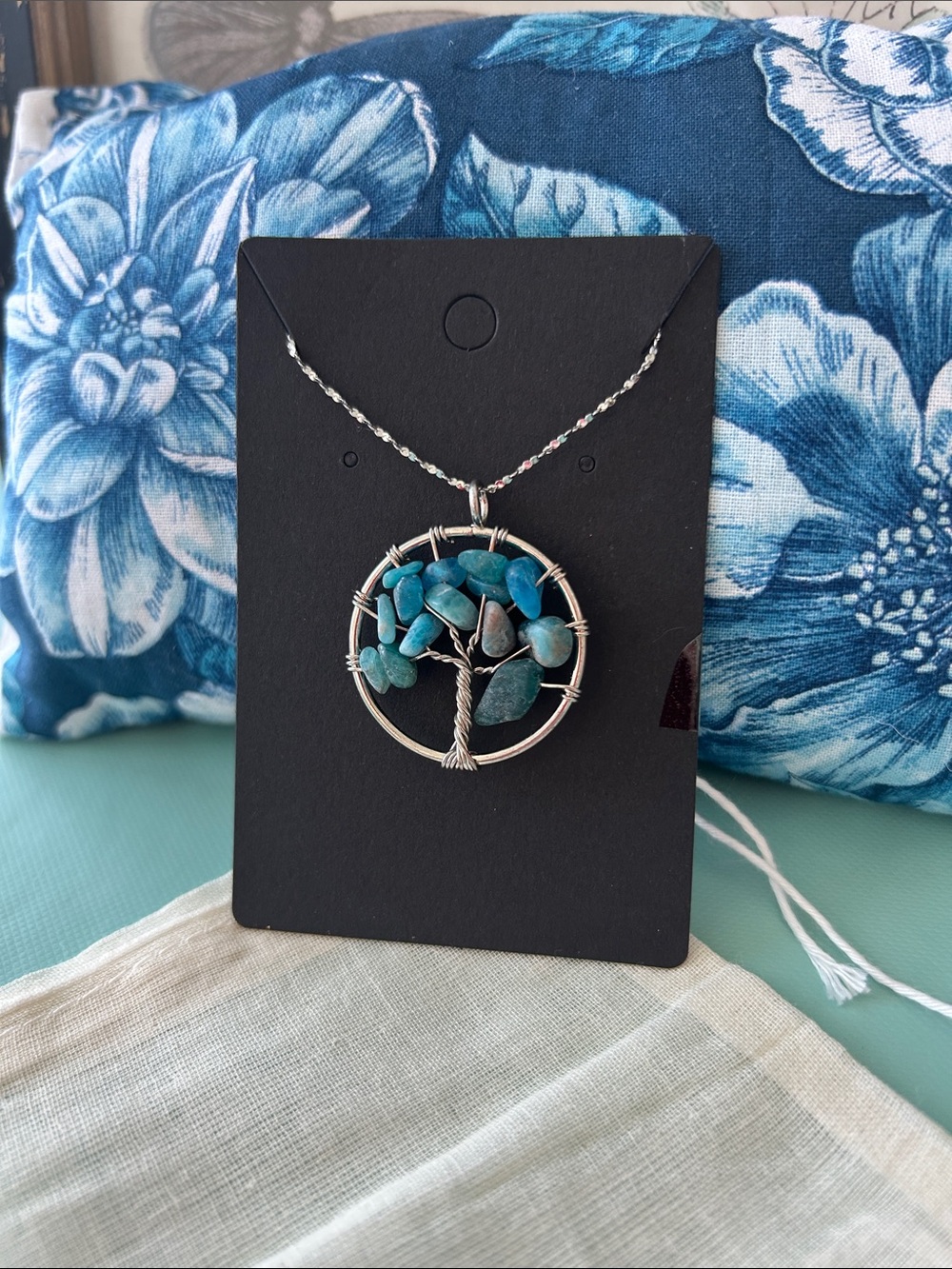 Tree of Life Pendant Necklace with Blue Hue Amazonite Stone Chips 1.25” dia New